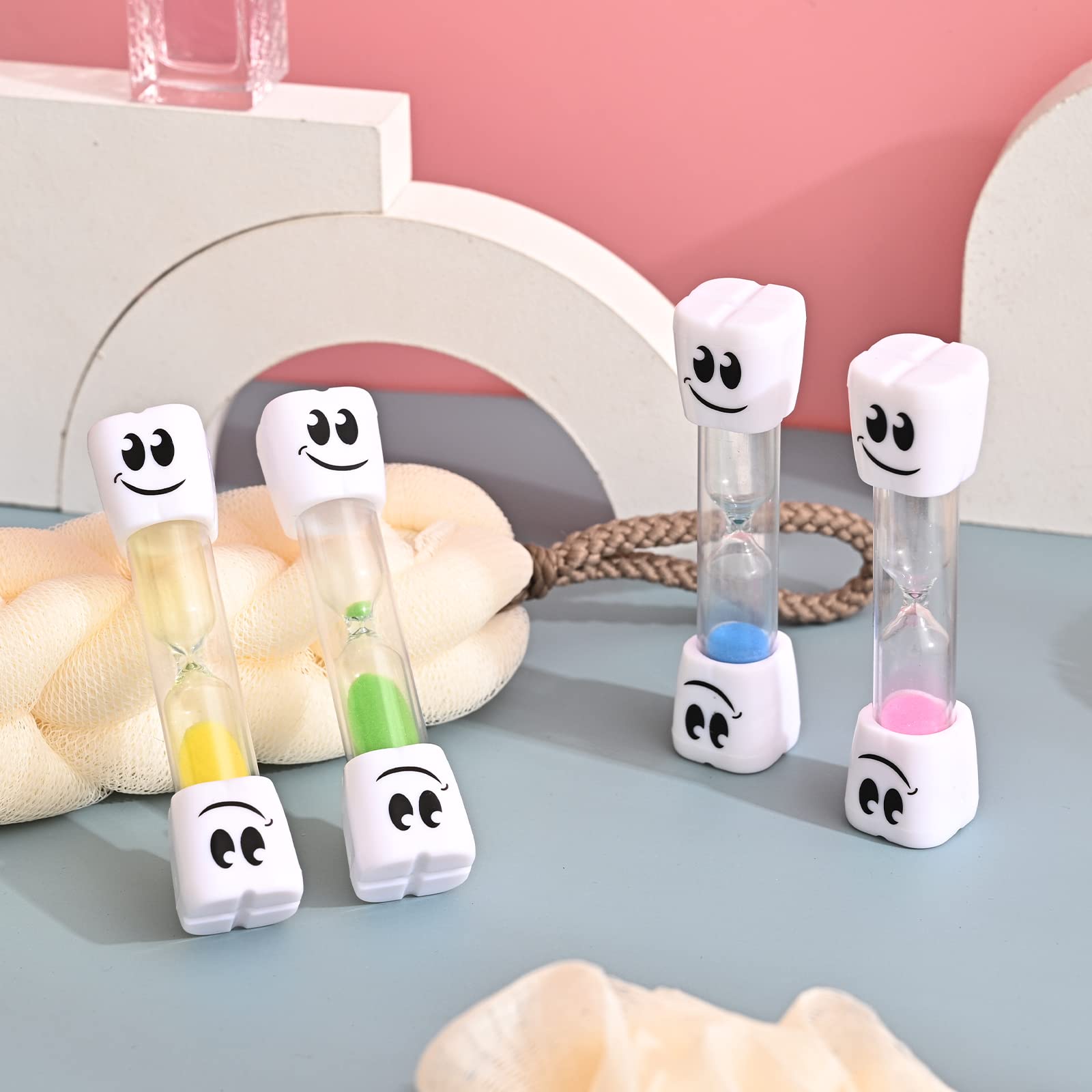 Teaherfav 2 Minute Toothbrush Sand Timer For Kids -Set Of 4 Small Blue, Pink, Yellow And Green Smiley Hour Glass